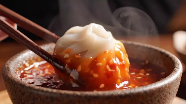 Chopsticks Dipping Hot Steamed Dumpling into Spicy Chili Oil Close Up