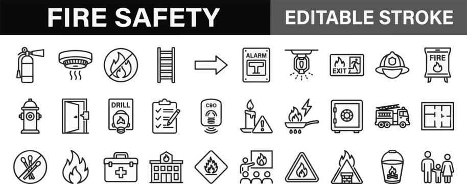 Fire safety and emergency preparedness line icon set on transparent background Editable Stroke.