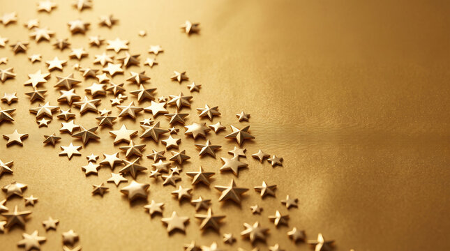Luxury monochromatic still life of hundreds of tiny metallic gold stars arranged on a rich golden background