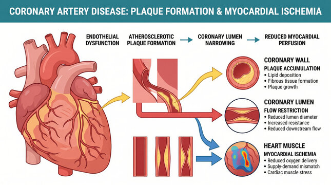 Coronary artery disease plaque formation and myocardial ischemia explained visually
