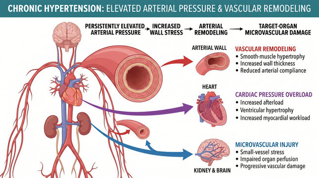 Chronic hypertension leads to vascular remodeling and target organ damage