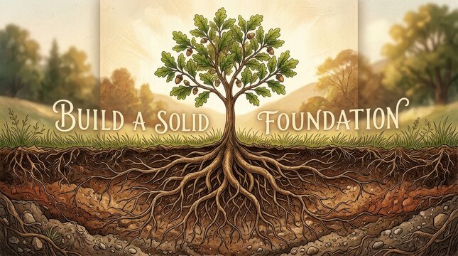 Mighty Oak Tree with Extensive Root System Symbolizing Strong Foundation and Growth