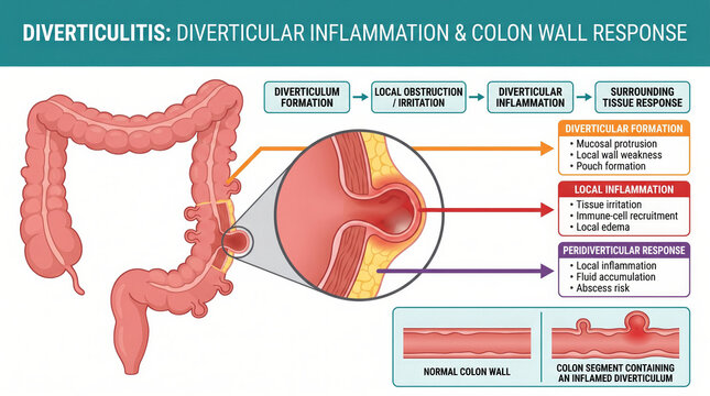 Diverticulitis inflammation and colon wall response explained visually