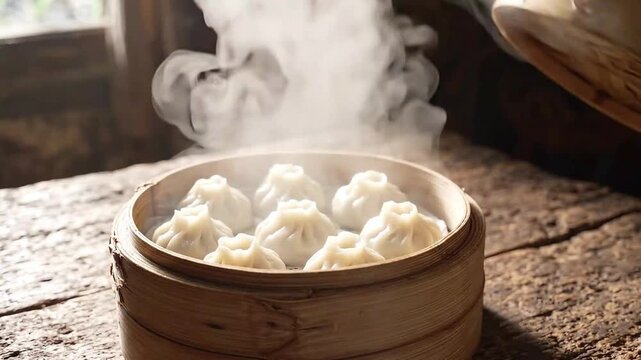 Hand Opening Bamboo Steamer Lid Revealing Hot Steamed Dumplings with Rising Steam