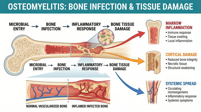 Osteomyelitis bone infection process showing microbial entry and tissue damage