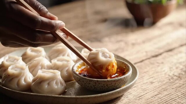 Chopsticks Picking Fresh Steamed Dumpling and Dipping into Spicy Sauce