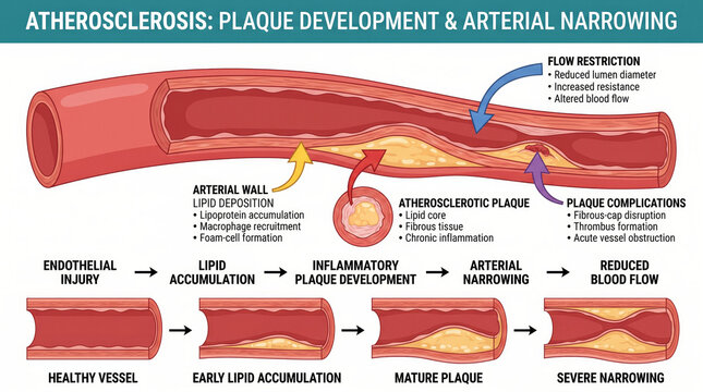 Diagram illustrating the progressive development of atherosclerosis and arterial narrowing