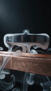Dark metallic disk levitates above copper track while cold frost vapor rolls downward