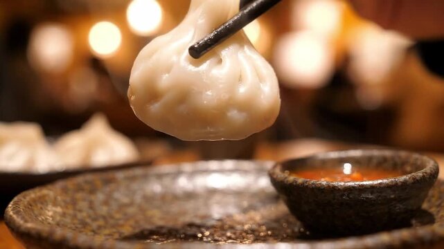 Close Up of Chopsticks Holding Hot Steamed Dumpling Over Plate