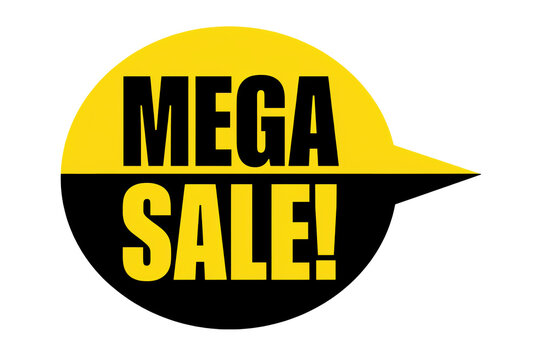 Yellow and black circular speech bubble with mega sale text isolated on a transparent background discount