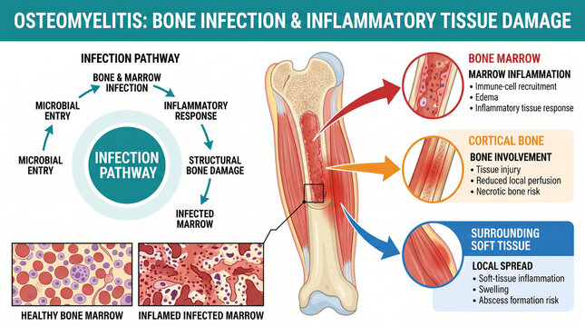 Osteomyelitis bone infection pathway and inflammatory tissue damage explained visually