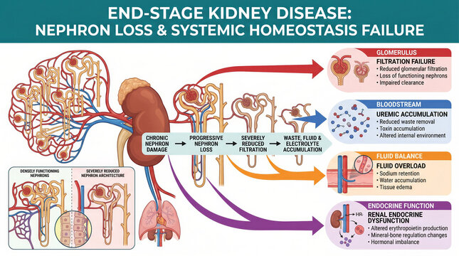 End-stage kidney disease infographic showing nephron loss and systemic homeostasis failure