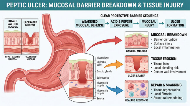 Peptic ulcer formation and healing process illustrated in a diagram