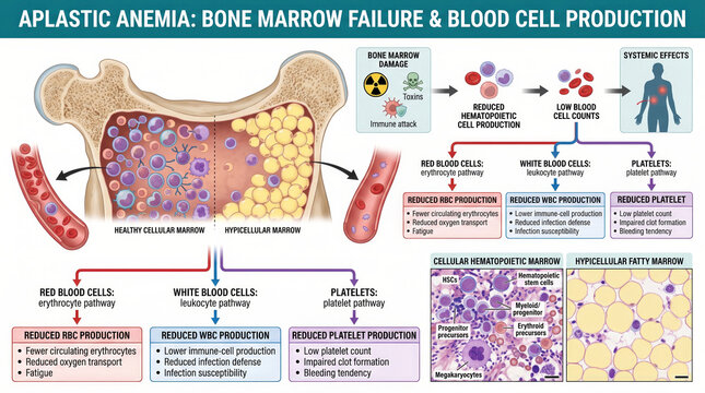 Aplastic anemia bone marrow failure and blood cell production infographic