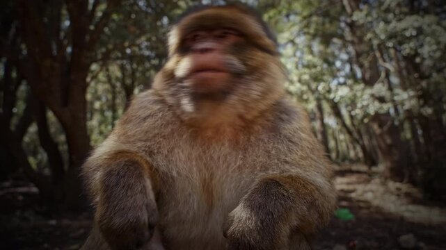 Wild Barbary macaques in Ifrane National Park, Morocco