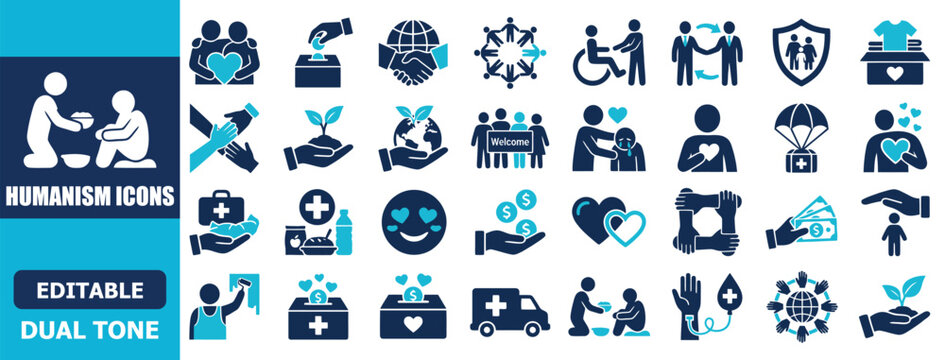 Dual tone humanism icon set featuring charity, donation, community support, compassion, and humanitarian aid concepts