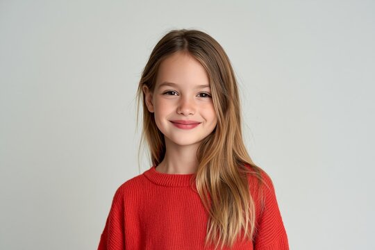 Tight eye level studio portrait of a cheerful young girl with long gently brushed hair wearing a plain warm crimson sweater head tilted slightly toward one shoulder smiling naturally at the camera
