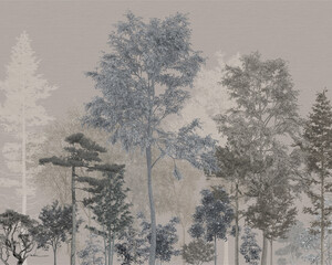 Misty forest trees panoramic wallpaper, neutral beige landscape mural © Mondal_01