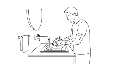 Fototapeta premium Man Washing Hands with Soap at Bathroom Sink