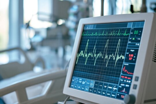 Close-up of medical patient monitor displaying heart rhythm waveform oxygen level pulse respiratory rate and numerical data on screen with blurred hospital bed rails and clinical equipment visible in