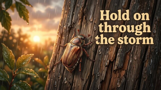 Resilient beetle clings to wet bark during a dramatic sunset rainstorm, symbolizing perseverance and hope