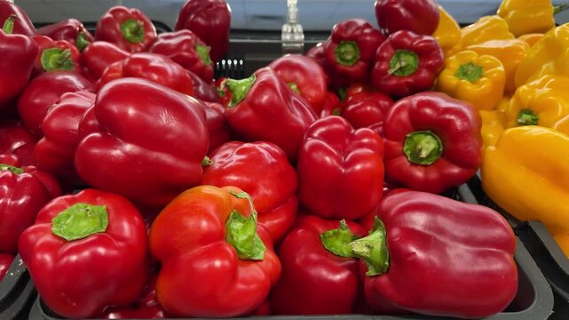 Fresh red and yellow bell peppers with green stems in black crates at grocery store, colorful sweet peppers, fresh vegetables, healthy produce, market