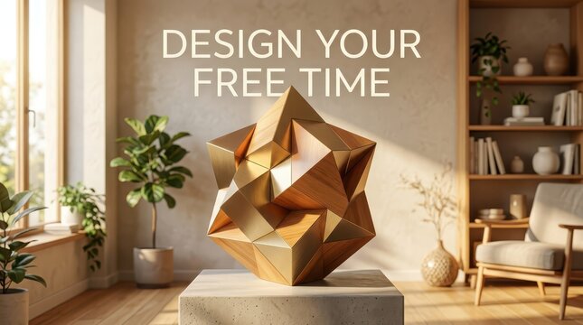 Modern living room interior with geometric sculpture and natural light, emphasizing design and leisure.