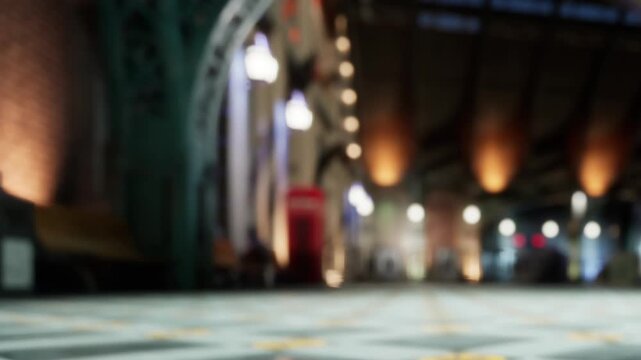 The scene shows an indoor area with various lights illuminating the space. A red phone booth stands visible in the background. The floor has a tiled pattern.