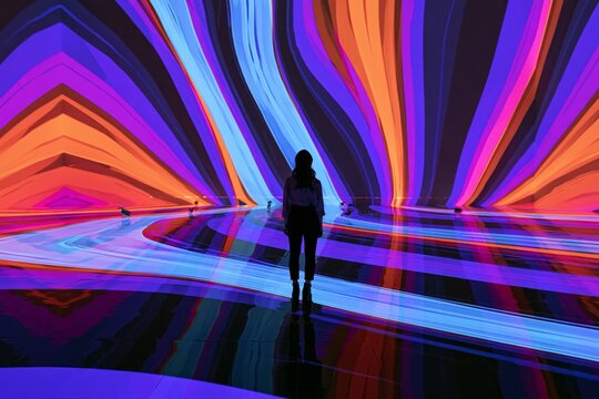 Silhouette of a woman standing alone in an immersive digital art installation with flowing geometric projections in saturated violet cyan orange and pink across reflective floor and walls creating