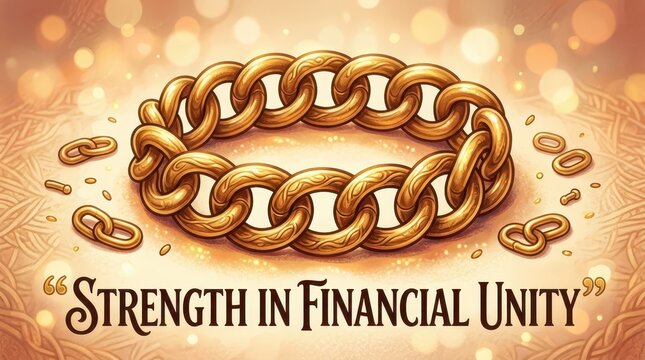 Symbolic illustration of a thick golden chain, representing financial unity and strength, with scattered links and bokeh background