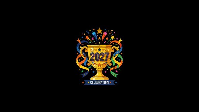 Golden trophy animation displays twenty twenty seven celebration with vibrant confetti ribbons and colorful star graphics, creating dynamic festive motion in this high quality design clip.