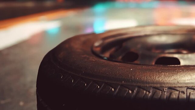 A close view of an old tire resting on a flat surface in a lively environment. Colorful lights are visible in the background, showing activity around it. The scene suggests outdoor fun.