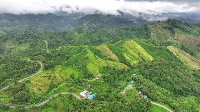 Aerial Drone View of Bandarban Mountain Landscape with Indigenous Hill Community Homes and Alikadam-Thanchi Road, Bangladesh