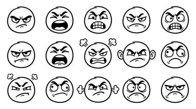 A collection of angry emoji face expressions illustrated in a simple black and white line art style