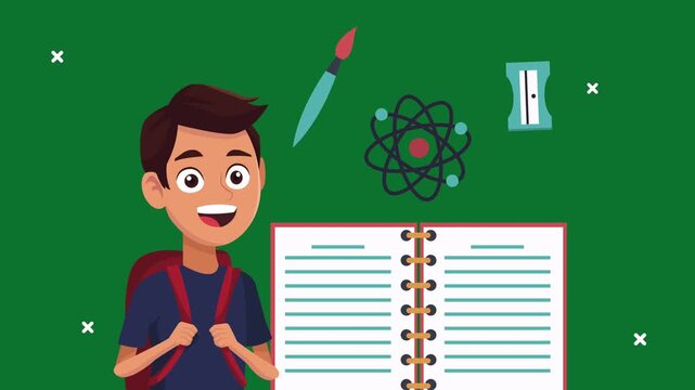 Happy schoolboy with backpack standing next to open notebook and school supplies dynamic motion footage.