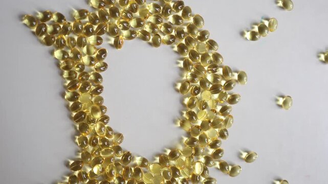 Vitamin D softgel capsules form a large letter D on white background symbolizing daily supplementation nutrient intake wellness immunity and healthy lifestyle routine