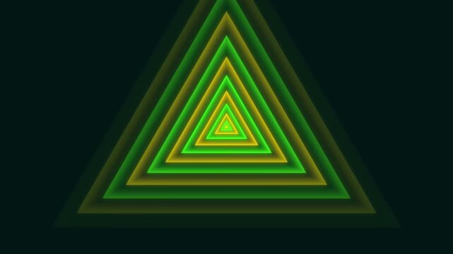 Infinite geometric triangle tunnel animation with glowing neon green and vibrant yellow gradient strokes moving forward in a rhythmic digital motion loop for modern background visual