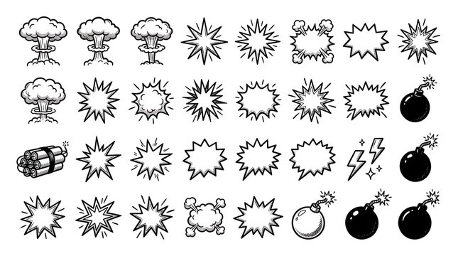 Hand Drawn Comic Explosion Boom Bubble and Classic Bomb Vector Illustration Set