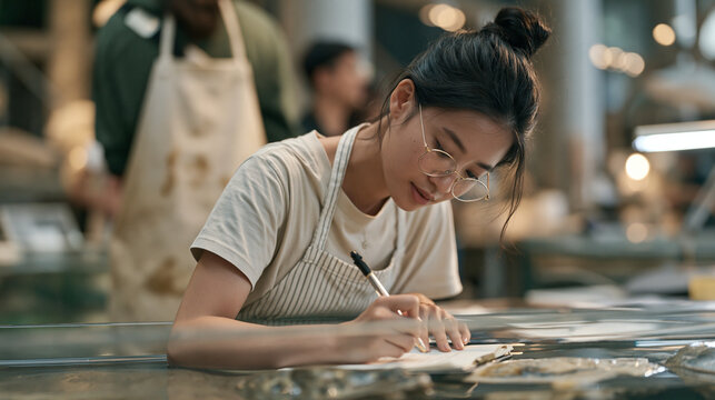 A brand ambassador at a rain soaked heritage conservation facility takes notes over a tank holding recovered artifacts, an apron marked with wax and varnish from the trade hanging
