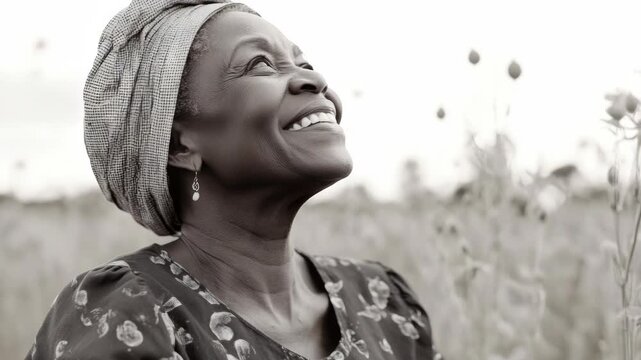 Smiling Elderly African American Woman in Headwrap Looking Up in Field