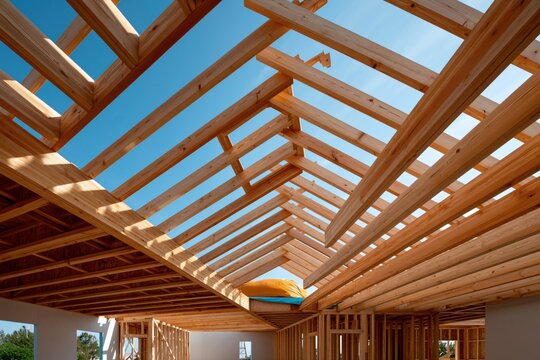 Angled interior view of wooden roof framing with exposed rafters and clear sky visible through gable for construction background and architectural poster