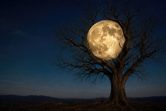 A giant full moon rests among branches of a leafless tree. Space for text.