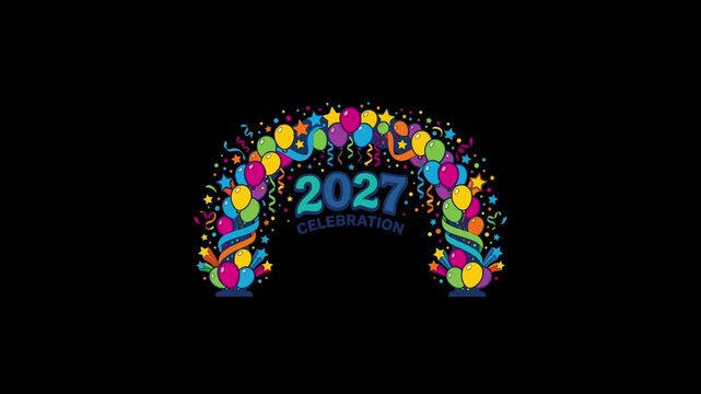 Vibrant 2027 new year celebration arch featuring colorful floating balloons and dynamic confetti elements creating a festive motion animation clip for your joyful holiday event project.
