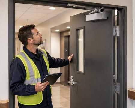 Facilities Inspector Testing Self Closing Fire Door in Commercial Building
