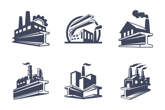 Steel industrial factory building icon for manufacturing company logo design template