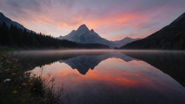 Serene mountain lake at dawn with reflection and vibrant sky during sunrise