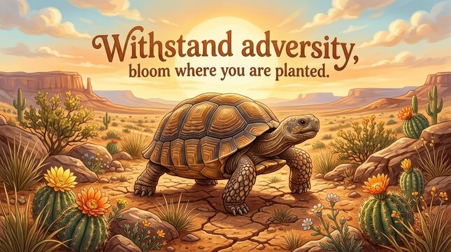 Resilient Tortoise in Desert Landscape with Inspirational Quote: Withstand adversity, bloom where you are planted