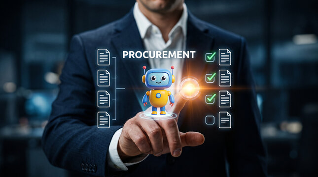 Corporate Professional Activating Futuristic Holographic AI Procurement and Document Management Interface