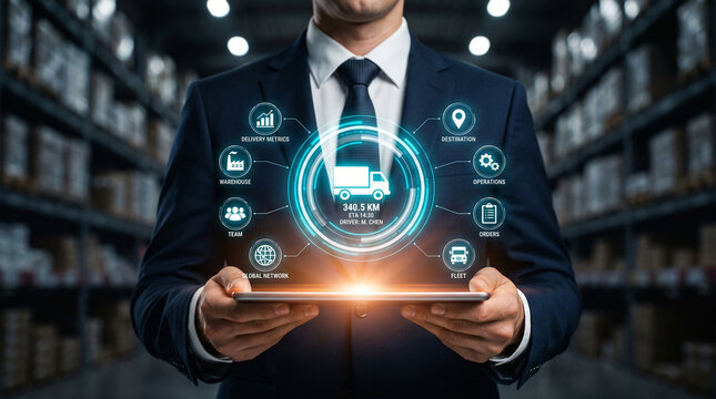 Corporate Professional Managing Digital Logistics and Supply Chain with Futuristic Holographic Interface in a Warehouse
