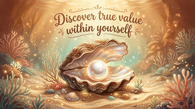 Symbolic image of a giant oyster holding a luminous pearl, surrounded by coral and seabed, with text 'Discover true value within yourself'